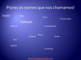 Ora AUMENTAM o problema“Se foi assim desta vez, vai ser assim sempre”“É uma catástrofe que assim seja!”“Nunca consigo atingir os meus objectivos!”“Se ela me disse que não, é porque não gosta de mim!”“Sei que não vou conseguir, nem vale a pena tentar!”www.oficinadepsicologia.com