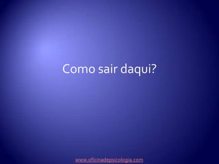 Quanto menos fazemos...Mais tempo passamos com os pensamentos negativosMais profundamente mergulhamos na tristezaMais nos sentimos falhados por não fazer as coisasMenos oportunidades temos de fazer actividades que nos devolvam auto-estimaMais nos desligamos das pessoas que nos podem dar “colo”www.oficinadepsicologia.com