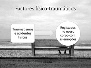 Factores físico-traumáticos


Traumatismos        Registados
                     no nosso
 e acidentes
                    corpo com
    físicos
                    as emoções
 