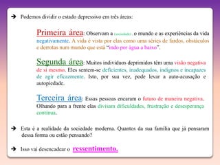  Podemos dividir o estado depressivo em três áreas:


          Primeira área: Observam a (sociedade) , o mundo e as experiências da vida
          negativamente. A vida é vista por elas como uma séries de fardos, obstáculos
          e derrotas num mundo que está “indo por água a baixo”.

          Segunda área: Muitos indivíduos deprimidos têm uma visão negativa
          de si mesmo. Eles sentem-se deficientes, inadequados, indignos e incapazes
          de agir eficazmente. Isto, por sua vez, pode levar a auto-acusação e
          autopiedade.

          Terceira área: Essas pessoas encaram o futuro de maneira negativa.
          Olhando para a frente elas divisam dificuldades, frustração e desesperança
          contínua.

 Esta é a realidade da sociedade moderna. Quantos da sua família que já pensaram
  dessa forma ou estão pensando?

 Isso vai desencadear o   ressentimento.
 
