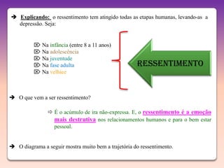  Explicando: o ressentimento tem atingido todas as etapas humanas, levando-as a
  depressão. Seja:


           Na infância (entre 8 a 11 anos)
           Na adolescência
           Na juventude
           Na fase adulta                           Ressentimento
           Na velhice



 O que vem a ser ressentimento?

                 É o acúmulo de ira não-expressa. E, o ressentimento é a emoção
                  mais destrutiva nos relacionamentos humanos e para o bem estar
                  pessoal.


 O diagrama a seguir mostra muito bem a trajetória do ressentimento.
 