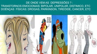 DE ONDE VEM AS DEPRESSÕES ? :
TRANSTORNOS EMOCIONAIS: BIPOLAR, UNIPOLAR, DISTIMICO, ETC
DOÊNÇAS FÍSICAS: DROGAS, PARKINSON, TIREÓIDE, CANCER, ETC
 