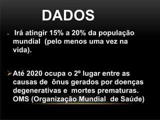 DADOS
 Irá atingir 15% a 20% da população
mundial (pelo menos uma vez na
vida).
Até 2020 ocupa o 2º lugar entre as
causas de ônus gerados por doenças
degenerativas e mortes prematuras.
OMS (Organização Mundial de Saúde)
 