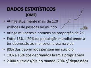 DADOS ESTATÍSTICOS
(OMS)
• Atinge atualmente mais de 120
milhões de pessoas no mundo
• Atinge mulheres e homens na proporção de 2:1
• Entre 15% e 20% da população mundial tende a
ter depressão ao menos uma vez na vida
• 80% dos deprimidos pensam em suicídio
• 10% a 15% dos deprimidos tiram a própria vida
• 2.000 suicídios/dia no mundo (70% c/ depressão)
 