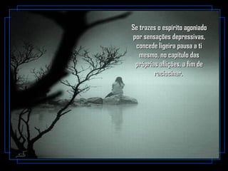 Se trazes o espírito agoniadoSe trazes o espírito agoniado
por sensações depressivas,por sensações depressivas,
concede ligeira pausa a ticoncede ligeira pausa a ti
mesmo, no capítulo dasmesmo, no capítulo das
próprias aflições, a fim depróprias aflições, a fim de
raciocinar.raciocinar.
 