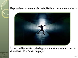 18
Depressão é a desconexão do indivíduo com seu eu maduro.
DepressãoDepressão
&&
EspiritismoEspiritismo
É um desligamento psicológico com o mundo e com a
afetividade. É o fundo do poço.
 