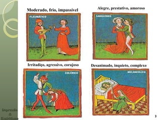 Moderado, frio, impassível
3
Desanimado, inquieto, complexo
DepressãoDepressão
&&
EspiritismoEspiritismo
Alegre, prestativo, amoroso
Irritadiço, agressivo, corajoso
 