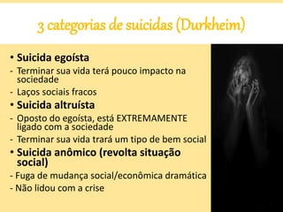 3 categorias de suicidas (Durkheim)
• Suicida egoísta
- Terminar sua vida terá pouco impacto na
sociedade
- Laços sociais fracos
• Suicida altruísta
- Oposto do egoísta, está EXTREMAMENTE
ligado com a sociedade
- Terminar sua vida trará um tipo de bem social
• Suicida anômico (revolta situação
social)
- Fuga de mudança social/econômica dramática
- Não lidou com a crise
 