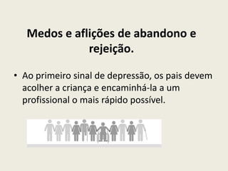 Medos e aflições de abandono e rejeição. Ao primeiro sinal de depressão, os pais devem acolher a criança e encaminhá-la a um profissional o mais rápido possível. 