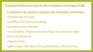 Experimentamos picos de estresse o tempo todo
O estresse não aparece apenas em situações extremas:
•Problemas em casa;
•conflitos de relacionamento;
•problemas no trânsito;
•no trabalho, muita coisa para fazer em pouco tempo;
•falta de dinheiro;
•Imprevistos;
•planos que não dão certo, pandemias, entre outros...
 