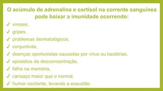 O acúmulo de adrenalina e cortisol na corrente sanguínea
pode baixar a imunidade ocorrendo:
✔ viroses,
✔ gripes,
✔ problemas dermatológicos,
✔ conjuntivite,
✔ doenças oportunistas causadas por vírus ou bactérias,
✔ episódios de desconcentração,
✔ falha na memória,
✔ cansaço maior que o normal,
✔ humor oscilante, levando a exaustão
 
