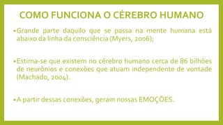 COMO FUNCIONA O CÉREBRO HUMANO
•Grande parte daquilo que se passa na mente humana está
abaixo da linha da consciência (Myers, 2006);
•Estima-se que existem no cérebro humano cerca de 86 bilhões
de neurônios e conexões que atuam independente de vontade
(Machado, 2004).
•A partir dessas conexões, geram nossas EMOÇÕES.
 