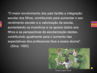 "O maior envolvimento dos pais facilita a integração
escolar dos filhos, contribuindo para aumentar o seu
rendimento escolar e a valorização da escola,
aumentando os incentivos e os apoios dados aos
filhos e as perspectivas de escolarização destes,
contribuindo igualmente para o aumento das
expectativas dos professores face a esses alunos".
(Silva, 1993)
Fonte da imagem: internet
 