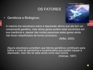 • Genéticos e Biológicos:
A maioria dos estudiosos sobre a depressão afirma que ela tem um
componente genético, mas vários genes podem estar envolvidos em
sua coerência e, apesar das muitas pesquisas estes genes ainda
não foram classificados de forma conclusiva.
(Miller, 2003)
Alguns estudiosos acreditam que fatores genéticos contribuem para
baixar o nível de serotonina e noradrenalina que podem causar a
depressão, mas não se sabe ainda como isso ocorre.
(Holmes, 1997)
OS FATORES
Fonte da imagem: internet
 