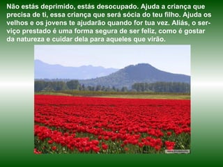 Não estás deprimido, estás desocupado. Ajuda a criança que precisa de ti, essa criança que será sócia do teu filho. Ajuda os velhos e os jovens te ajudarão quando for tua vez. Aliás, o ser-viço prestado é uma forma segura de ser feliz, como é gostar da natureza e cuidar dela para aqueles que virão.  