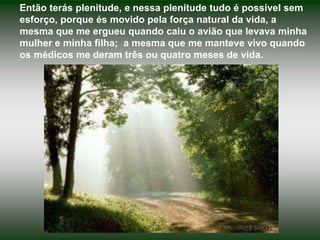 Então terás plenitude, e nessa plenitude tudo é possível sem
esforço, porque és movido pela força natural da vida, a
mesma que me ergueu quando caiu o avião que levava minha
mulher e minha filha; a mesma que me manteve vivo quando
os médicos me deram três ou quatro meses de vida.
 