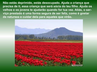 Não estás deprimido, estás desocupado. Ajuda a criança que precisa de ti, essa criança que será sócia do teu filho. Ajuda os velhos e os jovens te ajudarão quando for tua vez. Aliás, o ser-viço prestado é uma forma segura de ser feliz, como é gostar da natureza e cuidar dela para aqueles que virão.  