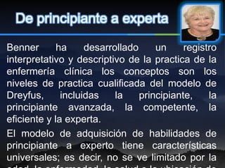 De principiante a experta

Benner       ha     desarrollado     un     registro
interpretativo y descriptivo de la practica de la
enfermería clínica los conceptos son los
niveles de practica cualificada del modelo de
Dreyfus,      incluidas    la    principiante,    la
principiante avanzada, la competente, la
eficiente y la experta.
El modelo de adquisición de habilidades de
principiante a experto tiene características
universales; es decir, no se ve limitado por la
 