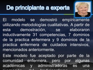 De principiante a experta

El modelo se demostró empíricamente
utilizando metodologías cualitativas. A partir de
esta      demostración,      se       elaboraron
inductivamente 31 competencias, 7 dominios
de la practica enfermera y 9 dominios de la
practica enfermera de cuidados intensivos,
mencionados anteriormente.
Este modelo fue aceptado por parte de la
comunidad enfermera, pero por algunas
académicas y administradoras es una
 