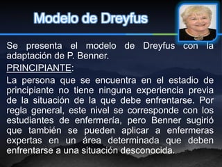 Modelo de Dreyfus
Se presenta el modelo de Dreyfus con la
adaptación de P. Benner.
PRINCIPIANTE:
La persona que se encuentra en el estadio de
principiante no tiene ninguna experiencia previa
de la situación de la que debe enfrentarse. Por
regla general, este nivel se corresponde con los
estudiantes de enfermería, pero Benner sugirió
que también se pueden aplicar a enfermeras
expertas en un área determinada que deben
enfrentarse a una situación desconocida.
 