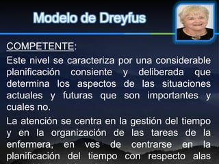 Modelo de Dreyfus

COMPETENTE:
Este nivel se caracteriza por una considerable
planificación consiente y deliberada que
determina los aspectos de las situaciones
actuales y futuras que son importantes y
cuales no.
La atención se centra en la gestión del tiempo
y en la organización de las tareas de la
enfermera, en ves de centrarse en la
planificación del tiempo con respecto alas
 