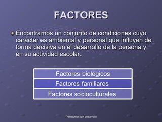 FACTORES Encontramos un conjunto de condiciones cuyo carácter es ambiental y personal que influyen de forma decisiva en el desarrollo de la persona y en su actividad escolar. Factores socioculturales  Factores familiares  Factores biológicos 