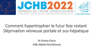 Comment hypertrophier le futur foie restant
Déprivation veineuse portale et sus-hépatique
Dr Oriana Ciacio
CHB, Hôpital Paul Brousse
 