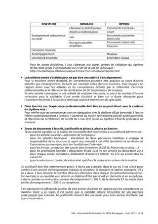 VAE – document d'information du PESM Bourgogne – mars 2015 - 10/14
DISCIPLINE DOMAINE OPTION
Enseignement instrumental
ou vocal
Classique à contemporain Instruments concernés
Ancien à contemporain Chant
Jazz
Instruments concernés
(dont voix)
Musiques actuelles
amplifiées
Instruments (dont voix)
Chanson
Formation musicale
Accompagnement Musique
Direction d'ensemble Ensembles vocaux
Pour les autres disciplines, il faut s'adresser aux autres centres de validation du diplôme
d'Etat, dont la liste est consultable sur le site de la Cité de la musique :
http://mediatheque.citedelamusique.fr/masc/?url=/mediacomposite/cim/
! La troisième année d'activité peut ne pas être une activité d'enseignement :
Pour la troisième année d'activité, les compétences pourront être acquises au cours d'autres
activités que l'enseignement, incluant par exemple celles d'artiste musicien, mais toujours en
rapport direct avec les activités et les compétences définies par le référentiel d'activités
professionnelles et le référentiel de certification du DE de professeur de musique.
Si cette activité correspond à une activité de musicien interprète, le calcul du nombre d'heures
nécessaire pour la validation d'une année d'activité se base sur la durée nécessaire pour
l'ouverture des droits à l'assurance chômage (statut d'intermittent du spectacle).
! Dans tous les cas, l'expérience professionnelle doit être en rapport direct avec le contenu
du diplôme visé :
Pour vérifier que ses compétences sont en adéquation avec le diplôme d'Etat demandé, il faut se
référer systématiquement à l'annexe 1 (contexte du métier, référentiel d'activités professionnelles
et référentiel de certification) de l'arrêté du 5 mai 2011 relatif au diplôme d'Etat de professeur de
musique.
! Types de documents à fournir, justificatifs et pièces à joindre au dossier :
Toute activité signalée sur le dossier de recevabilité doit donner lieu à un justificatif administratif :
- pour les activités salariées : attestation de l'employeur
- pour les activités bénévoles : attestation de deux personnes habilitées à engager la
responsabilité de la structure et ayant reçu mandat à cet effet (président et secrétaire de
l'association par exemple), sans lien familial avec l'intéressé
- pour les artistes : attestation des caisses dont ils relèvent (AGESSA, Maison des artistes, …)
- pour les professions libérales : déclaration fiscale 2035 et son annexe ou déclaration 2042
pour chaque année considérée, déclaration d'existence URSAFF ou CFE ou extrait Kbis ou
extrait D1
- pour le volontariat : contrat de volontariat spécifiant la durée et le contenu de la mission
Ce justificatif doit être extrêmement précis. Il devra par exemple, dans le cas où il est utilisé pour
justifier d'une activité d'enseignement, indiquer la discipline, le domaine et l'option enseignés. S'il y
en a deux, il faut dissocier le nombre d'heures effectuées dans chaque discipline/domaine/option.
Par exemple, si un candidat veut obtenir un diplôme d'Etat par la VAE en clarinette et en saxophone,
il devra cumuler au moins deux années d'enseignement (1 200 h) de la clarinette ET au moins deux
années d'enseignement (1 200 h) du saxophone.
Il est nécessaire et suffisant de justifier de trois années d'activité en rapport avec les compétences du
diplôme. Donc à ce stade, il est inutile que le candidat retrace l'ensemble de son parcours
professionnel (par exemple, les justificatifs doivent être présentés pour trois années d'activité, pas
pour cinq années).
 