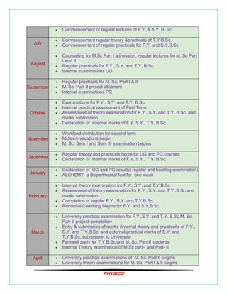 PHYSICS
• Commencement of regular lectures of F.Y .& S.Y. B. Sc
July
• Commencement regular theory &practicals of T.Y.B.Sc.
• Commencement of regular practicals for F.Y. and S.Y.B.Sc
August
• Counseling for M.Sc Part I admission, regular lectures for M. Sc Part
I and II
• Regular practicals for F.Y., S.Y. and T.Y. B.Sc.
• Internal examinations UG
September
• Regular practicals for M. Sc. Part I & II
• M. Sc Part II project allotment
• Internal examinations PG
October
• Examinations for F.Y., S.Y. and T.Y. B.Sc.
• Internal practical assessment of First Term
• Assessment of theory examination for F.Y., S.Y. and T.Y. B.Sc. and
marks submission.
• Declaration of internal marks of F.Y. S.Y., T.Y. B.Sc.
November
• Workload distribution for second term
• Midterm vacations begin
• M. Sc. Sem I and Sem III examination begins
December
• Regular theory and practicals begin for UG and PG courses
• Declaration of internal marks of F.Y. S.Y., T.Y. B.Sc.
January
• Declaration of UG and PG results( regular and backlog examination)
• ALCHEMY- a Departmental fest for one week
February
• Internal theory examination for F.Y., S.Y. and T.Y.B.Sc.
• Assessment of theory examination for F.Y., S.Y. and T.Y..B.Sc.and
marks submission.
• Completion of regular F.Y., S.Y. and T.Y.B.Sc.
• Remedial Coaching begins for F.Y. and S.Y.B.Sc.
March
• University practical examination for F.Y.,S.Y. and T.Y. B.Sc.M. Sc.
Part-II project completion
• Entry & submission of marks (Internal theory and practical’s of F.Y.,
S.Y. and T.Y.B.Sc. and external practical marks of S.Y. and
T.Y.B.Sc. submission to University.
• Farewell party for T.Y.B.Sc and M. Sc. Part II students
• Internal Theory examination of M.Sc part-I and Part- II
April • University practical examinations of M. Sc. Part II begins
• University theory examinations for M. Sc. Part I & II begins
 