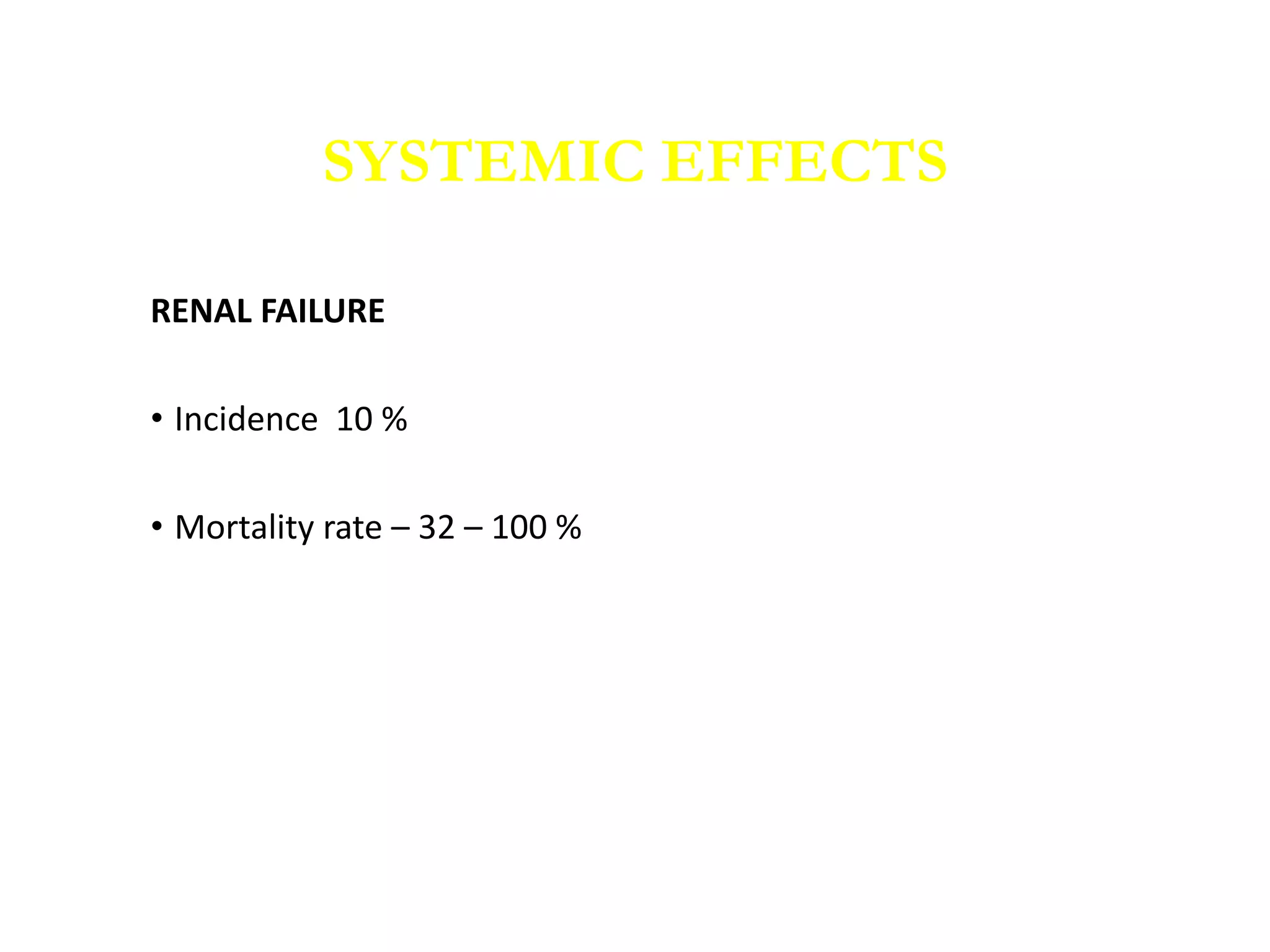 RENAL FAILURE
• Incidence 10 %
• Mortality rate – 32 – 100 %
SYSTEMIC EFFECTS
 