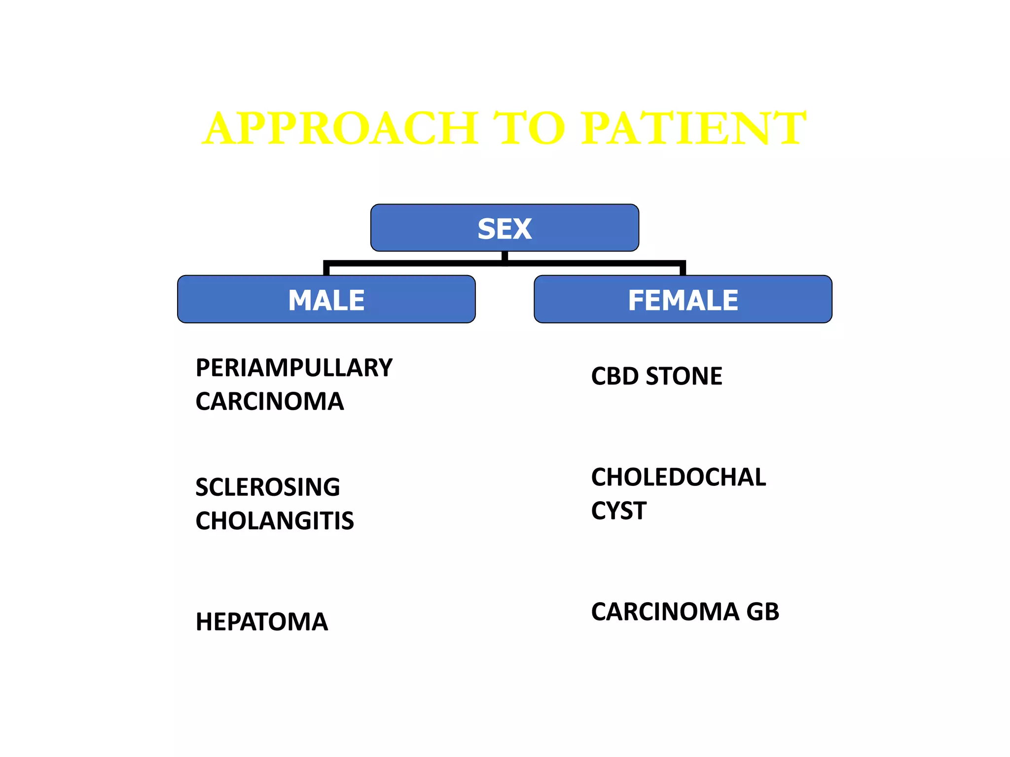APPROACH TO PATIENT
SEX
MALE FEMALE
CBD STONE
CHOLEDOCHAL
CYST
CARCINOMA GB
PERIAMPULLARY
CARCINOMA
SCLEROSING
CHOLANGITIS
HEPATOMA
 