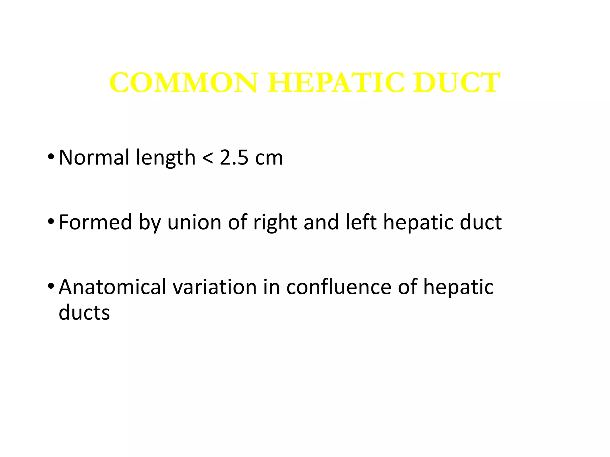 •Normal length < 2.5 cm
•Formed by union of right and left hepatic duct
•Anatomical variation in confluence of hepatic
ducts
COMMON HEPATIC DUCT
 