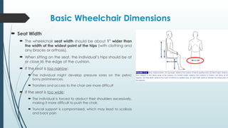 Basic Wheelchair Dimensions
 Seat Width
 The wheelchair seat width should be about 1” wider than
the width of the widest point of the hips (with clothing and
any braces or orthosis).
 When sitting on the seat, the individual’s hips should be at
or close to the edge of the cushion.
 If the seat is too narrow:
 The individual might develop pressure sores on the pelvic
bony prominences.
 Transfers and access to the chair are more difficult
 If the seat is too wide:
 The individual is forced to abduct their shoulders excessively,
making it more difficult to push the chair.
 Truncal support is compromised, which may lead to scoliosis
and back pain
 