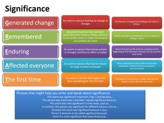 Significance
Generated change
Remembered
Enduring
Affected everyone
The first time
An event or person that led to change or
changes
An event or person that has been
remembered in history, it/they continue
to be written about or have monuments
and exhibits for them
An event or person that whose actions
or changes continue to affect us today
An event or person that had an impact
on large numbers of people
An event or person that happens or
does something for the first time
The Romans changed the buildings and roads in
Britain.
Nelson has been remembered, he has a statue in
Trafalgar square
Henry Ford set up the Ford car company at the
beginning of the twentieth century, his cars are still
used today
When Alexander Graham Bell invented the
telephone it affected the way everyone
communicated.
The Battle of the Somme in WW1 was the first
battle in which the tank was used
Phrases that might help you write and speak about significance:
This event was significant/ important / key / vital because…
This person was more/ less / partially / equally significant because…
This event was only significant in some ways, such as…
In contrast, this person was significant for different reasons such as…
Similarly this event was significant because it also…
Person X deserves to be called significant because…
Event A is more significant that event B because…
 