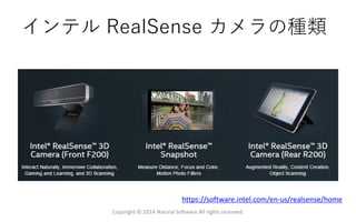 インテル RealSense カメラの種類
Copyright © 2014 Natural Software All rights reserved.
https://software.intel.com/en-us/realsense/home
 