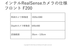インテルRealSenseカメラの仕様
フロント F200
RGBカメラ解像度 1920x1080
Depthカメラ解像度 640x480
認識範囲 20cm – 120cm
Copyright © 2014 Natural Software All rights reserved.
 