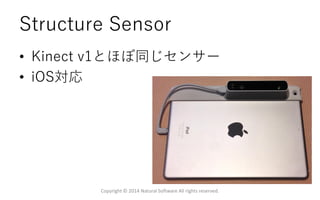 Structure Sensor
• Kinect v1とほぼ同じセンサー
• iOS対応
Copyright © 2014 Natural Software All rights reserved.
 
