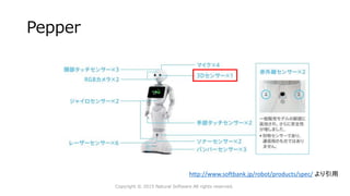 Pepper
Copyright © 2015 Natural Software All rights reserved.
http://www.softbank.jp/robot/products/spec/ より引用
 