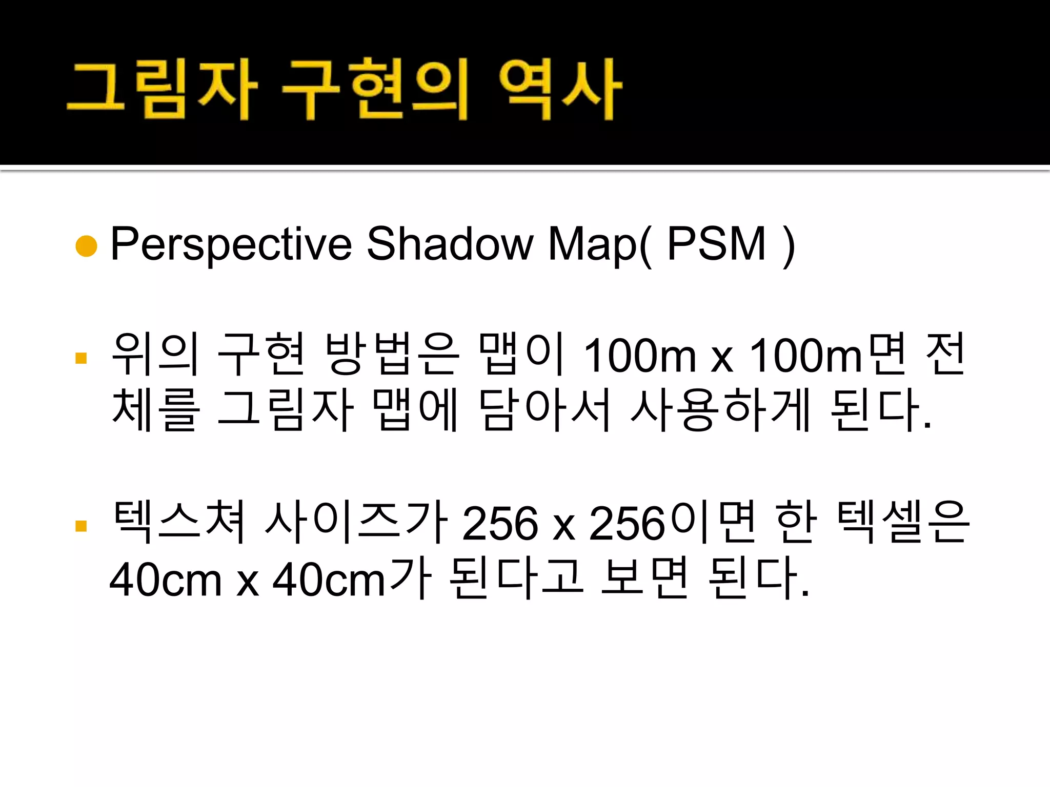  Perspective Shadow Map( PSM )
 위의 구현 방법은 맵이 100m x 100m면 전
체를 그림자 맵에 담아서 사용하게 된다.
 텍스쳐 사이즈가 256 x 256이면 한 텍셀은
40cm x 40cm가 된다고 보면 된다.
 