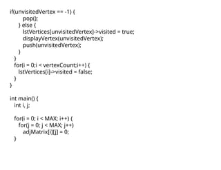 if(unvisitedVertex == -1) {
pop();
} else {
lstVertices[unvisitedVertex]->visited = true;
displayVertex(unvisitedVertex);
push(unvisitedVertex);
}
}
for(i = 0;i < vertexCount;i++) {
lstVertices[i]->visited = false;
}
}
int main() {
int i, j;
for(i = 0; i < MAX; i++) {
for(j = 0; j < MAX; j++)
adjMatrix[i][j] = 0;
}
 