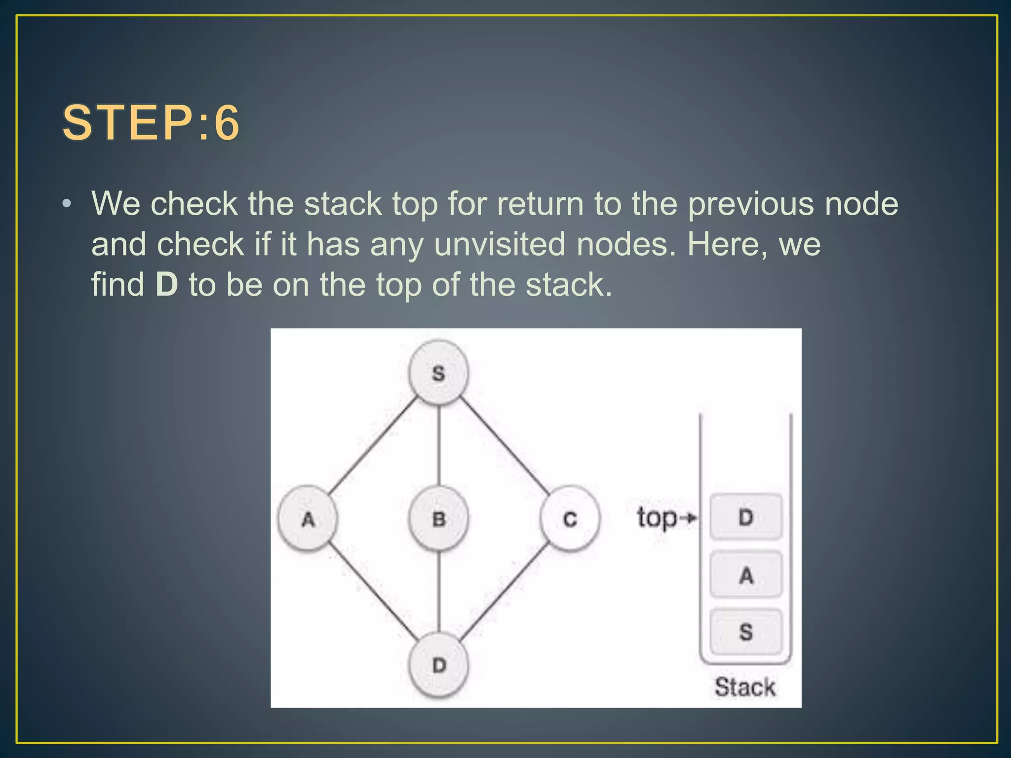 • We check the stack top for return to the previous node and check if it has any unvisited nodes. Here, we find D to be on the top of the stack. 
