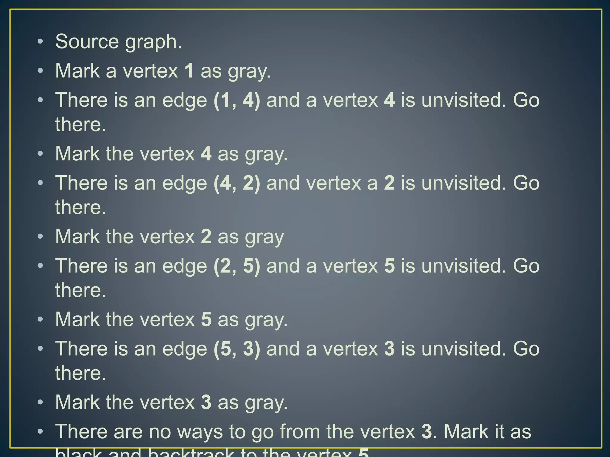 • Source graph. • Mark a vertex 1 as gray. • There is an edge (1, 4) and a vertex 4 is unvisited. Go there. • Mark the vertex 4 as gray. • There is an edge (4, 2) and vertex a 2 is unvisited. Go there. • Mark the vertex 2 as gray • There is an edge (2, 5) and a vertex 5 is unvisited. Go there. • Mark the vertex 5 as gray. • There is an edge (5, 3) and a vertex 3 is unvisited. Go there. • Mark the vertex 3 as gray. • There are no ways to go from the vertex 3. Mark it as 