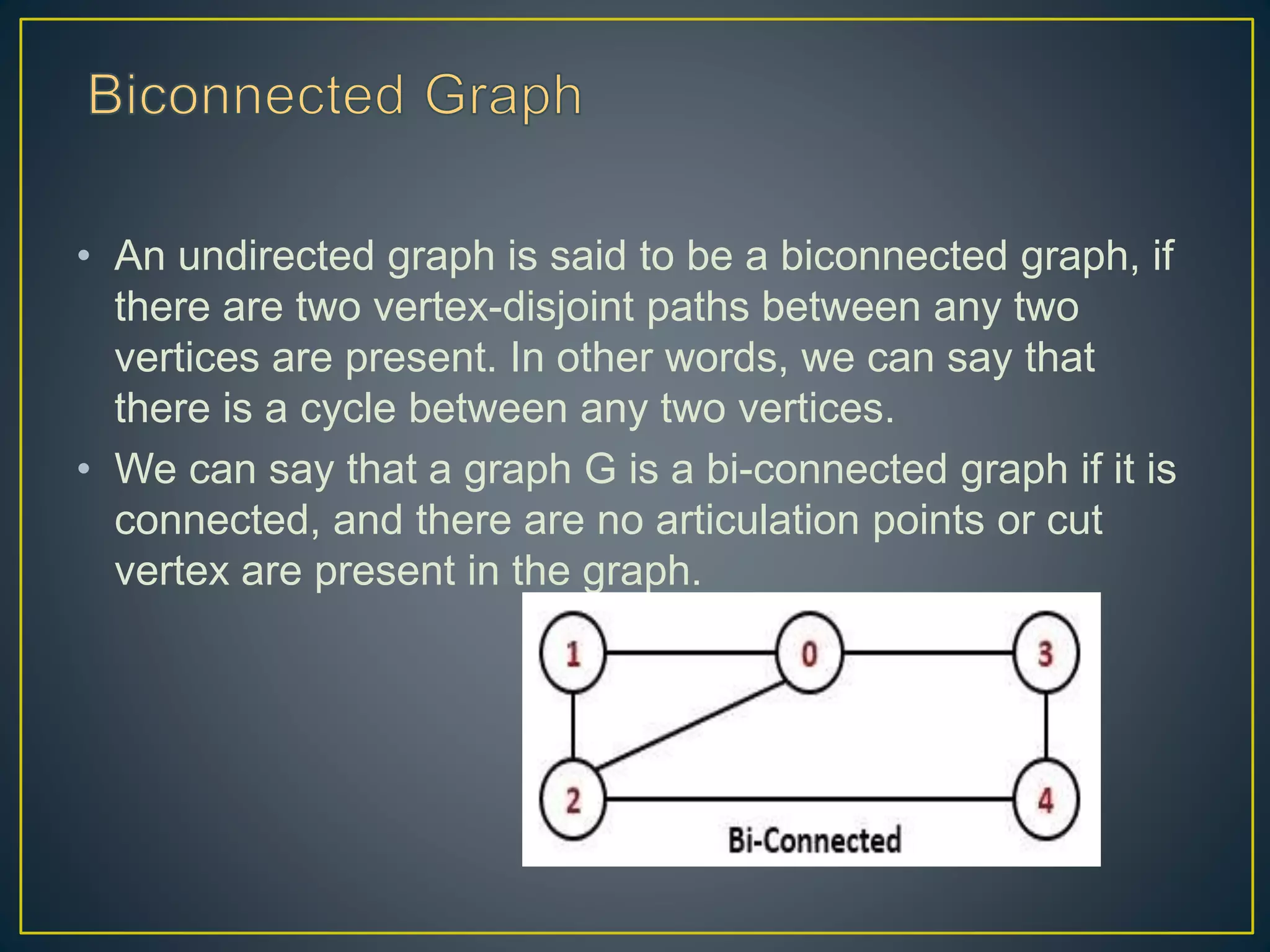 • An undirected graph is said to be a biconnected graph, if there are two vertex-disjoint paths between any two vertices are present. In other words, we can say that there is a cycle between any two vertices. • We can say that a graph G is a bi-connected graph if it is connected, and there are no articulation points or cut vertex are present in the graph. 