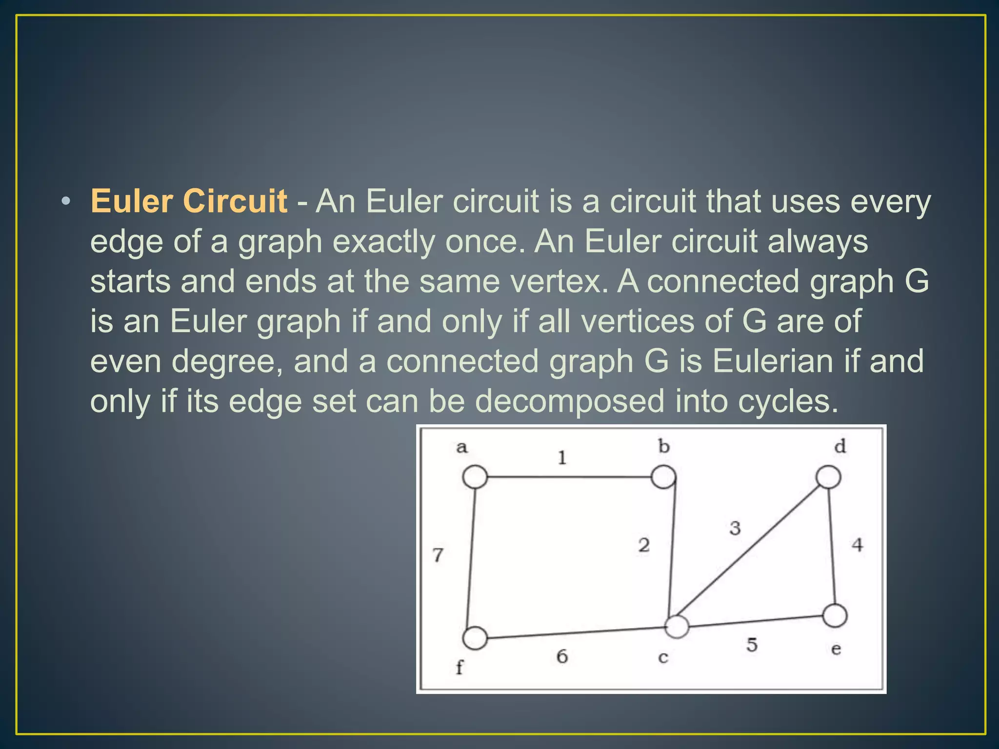 • Euler Circuit - An Euler circuit is a circuit that uses every edge of a graph exactly once. An Euler circuit always starts and ends at the same vertex. A connected graph G is an Euler graph if and only if all vertices of G are of even degree, and a connected graph G is Eulerian if and only if its edge set can be decomposed into cycles. 