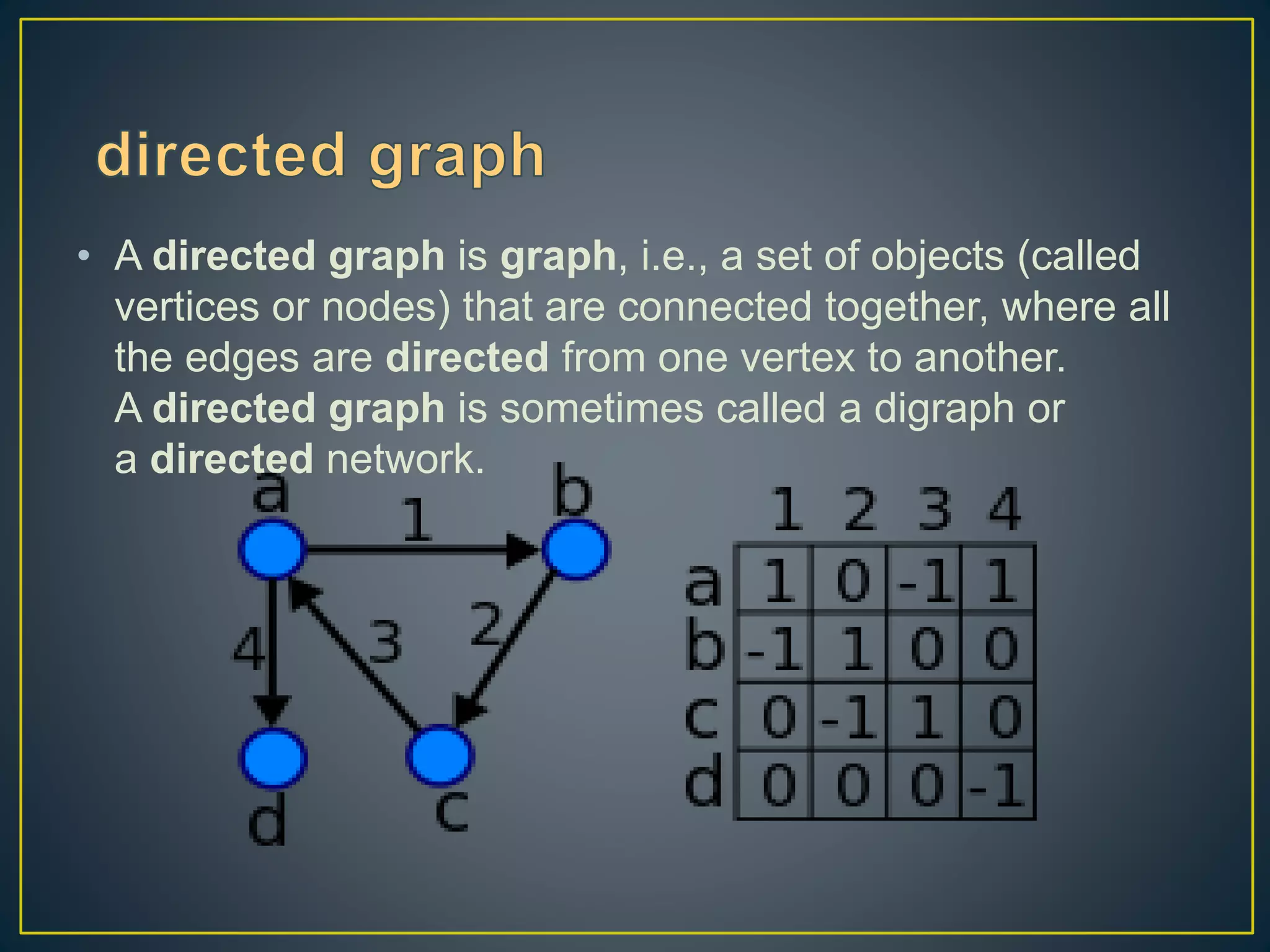 • A directed graph is graph, i.e., a set of objects (called vertices or nodes) that are connected together, where all the edges are directed from one vertex to another. A directed graph is sometimes called a digraph or a directed network. 