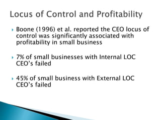  Boone (1996) et al. reported the CEO locus of
control was significantly associated with
profitability in small business
 7% of small businesses with Internal LOC
CEO’s failed
 45% of small business with External LOC
CEO’s failed
 