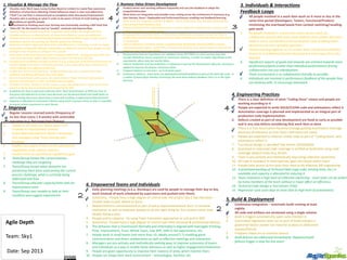 5. Build & Deployment
1. Continuous Integration – automatic build running at least
nightly
2. All code and artifacts are versioned using a single scheme
3. Build is trigged automatically upon code checked in
4. Automated regression tests run as part of build and give a
green/red binary answer (no need for analysis to determine
success/failure)
5. Frequent check-ins to common branch
6. Build failures are addressed immediately. Repeated build
failures trigger a stop the line event
3. Individuals & Interactions
Feedback Loops
1. All people involved in a work item work on it more or less in the
same time period (Developers, Testers, Functional/Product)
minimizing the overhead/waste from context switching/recalling
past work.
2. All people involved in a work item (even across silos) can
collaborate directly with each other without third parties like team
leads in every coordination/communication loop enabling faster
decisions and more scalable operation.
3. People working together act as a team with shared accountability
to end to end delivery thereby decisions are more value than silo-
focused
4. Significant aspects of goals and rewards are oriented towards team
performance/goals (rather than individual performance) driving
collaboration not just individualism.
5. Team environment is as collaboration friendly as possible
6. Individuals are involved in performance feedback of the people they
are working with, to encourage teamwork
4. Engineering Practices
1. There is a clear definition of what "Coding Done" means and people are
working according to it
2. People are expected to write SOLID/CLEAN code and estimations reflect it
3. Automation coverage is planned and implemented as an integral part of
production code implementation
4. Defects created as part of new development are fixed as early as possible
and in any case before considering that work item as done
5. There is a Test Automation Pyramid strategy guiding Automation coverage
decisions (Preference to Unit Tests>>API tests>>UI tests)
6. People are expected to refactor smelly code as part of "Coding Done“ and
estimations reflect it
7. Functional Design is specified Test-Driven (ATDD/BDD)
8. Sustained or improved code coverage is verified at build time using code
coverage analysis tools (e.g. Sonar)
9. Team is pro-actively and methodically improving collective ownership
10. All code is reviewed in small batches, gaps are closed within hours
11. People have access to the tools they need to do effective SW engineering
12. A prioritized backlog of Technical Debt (ugly code, missing tests, etc.) is
available and capacity is allocated to reducing it
13. Team maintains a high level of Collective ownership - most tasks can be pulled
by many members of the team without a major effect on efficiency
14. Technical Code Design is Test-Driven (TDD)
15. Regression cycle costs days at most (due to high level of automation)
6. Empowered Teams and Individuals
1. Daily planning meetings (a.k.a. Standups) are used by people to manage their day to day
work (instead of work scheduled by supervisors and pushed onto them)
2. Autonomy - People have a high degree of control over the project day 2 day execution -
Choose tasks to pull, where to focus
3. Reason/Intent is communicated as part of every requirement/work item, to increase
motivation as well as empower people to do the right thing for the context rather than
blindly follow a plan
4. People pull to capacity - by using Team Estimation approaches or just pull to WIP
5. Autonomy - People have a high degree of control over their personal & professional destiny
6. The behavior that is incentivized (formally and informally) is aligned with lean/agile thinking -
Flow, Improvement, Trust, Whole Team, Low WIP, Safe to fail experiments, etc.
7. People work in small teams (not more than 10, ideally around 5-7) enabling good
communication and direct collaboration as well as effective meetings and interaction
8. Managers are pro-actively and methodically seeking ways to improve autonomy of teams
and individuals as a way to enable faster decisions as well as higher engagement/motivation
9. People are given opportunity to improve their mastery of areas which interest them
10. People can shape their work environment – technologies, facilities, etc.
2. Business Value Driven Development
1. Product owner sees working software frequently and uses the feedback to adapt the
scope/timeline plan
2. Work items are integrative and testable cross-cutting across the architecture if necessary (e.g.
User Stories). Done = Deployable and Performant/Secure, enabling real feedback/learning.
3. Work items are integrative testable & SMALL - can be delivered in days thereby tightening the
internal team level feedback loop
4. frequent feedback from stakeholders/users is used to adapt the scope/timeline closing a real
feedback beyond the product owner.
5. Escaping Defects and other kinds of Failure Demand (Waste) are analyzed using Five Whys or
another kind of root cause analysis process in order to determine reasons for missing them earlier
in the process.
6. Value is delivered in iterative chunks using Minimally Marketable Features (MMFs) thereby
achieving business agility – faster time to market and keeping more options open to what will be
delivered after the current MMFs.
7. Requirements that are Hypothesis are validated Using MVP/MVF in a fast learning loop that
includes Beta/Early Access programs or Continuous Delivery, in order to enable safe/cheap-to-fail
experiments about risky but worthy ideas.
8. Feature Usefulness and Successfulness is evaluated as part of the development lifecycle. Learning is
applied to improve the feature and future ideas.
9. Frequent Delivery to real users - up to 8 weeks apart
10. Continuous Delivery - work items are deployed/activated/validated as part of the work life cycle - in
a matter of hours/days thereby minimizing the work done without feedback that it is in the right
direction
1. Visualize & Manage the Flow
1. Visualize main Work types (using Kanban Board or similar) to create flow awareness
2. Definition of what Done (Working Tested Software) means is clear and adhered to
(“DoD”) so real flow is measured and so exceptions drive discussion/improvement.
3. Visualize who is working on what in order to be aware of level of multi tasking and
dependency on specific people.
4. Commitment to finishing work over starting new (eventually reaching a WIP level that
“feels OK” for the team) to start to “weakly” constrain and improve flow.
5. Use flow diagrams/charts (e.g. CFDs) to provide predictability and insight into flow
6. Visualize and focus on blocked work so major flow efficiency issues are addressed
7. Visualize work that is queued/waiting between people/workflow states to start raise to
awareness reasons for queuing and identify options for reducing
8. Awareness of Work Types and Work Items and differences in handling, in order to enable
expectation setting with different stakeholders for different needs & allow people to make
intelligent flow decisions according to the context
9. Some areas in the flow have local work in process (WIP) limits - leading to lower WIP and
cycle times and more explicit opportunities to learn from the (lack of) flow
10. Visualize work variability and seek to reduce it (e.g. using Cycle Time Control Charts) so that
overall average cycle time is improved and there is less uncertainty about velocity/cycle
times enabling more aggressive planning
11. Explicit WIP limit at workflow level - Single workflow full pull – catching more flow
problems and driving WIP/cycle time even lower.
12. Next is re-prioritized continuously (no commitment in Next)- Deferred Pull decisions
(dynamic prioritization) in order to enable business agility.
13. Definition of what “Ready for work” means is clear and adhered to in order to minimize
rework or blocks due to unready work occupying the WIP.
14. Guidelines for how to pull work (selection from ‘Next’/prioritization of WIP) are clear to
everyone and adhered to so that most decisions can be decentralized and made faster as
well as driving discussion about how to work and resulting in experiments/improvements
15. Capacity is allocated to Investment Themes using work in process limits so that it is possible
to ensure certain investment in each theme.
7. Improve
1. Regular Lessons Learned events (frequency of
no less than every 1-4 weeks) with actionable
outcomes (e.g. Retrospectives/Kaizen)
2. People at all levels are highly aware and
involved in improvement activity
3. Actionable Improvement Work is visualized
and managed using “Stop starting start
finishing”
4. Leaders are aware of the current operational
capabilities (may require metrics)
5. Leaders have an operational capabilities goal
6. Team/Group knows the current process
challenge they are targeting
7. Team/Group knows what obstacles are
preventing them from overcoming the current
process challenge, what is currently being
addressed and how
8. Team/Group allocates capacity/time slots for
improvement work
9. Team/Group uses models to look at their
condition and suggest experiments
Agile Depth
Team: Sky1
Date: Sep 2013
0
1
2
3
4
5
6
7
8
9
10
11
12
13
14
15
2
3
4
56
7
1
6
4
3
4
2
2
1
 