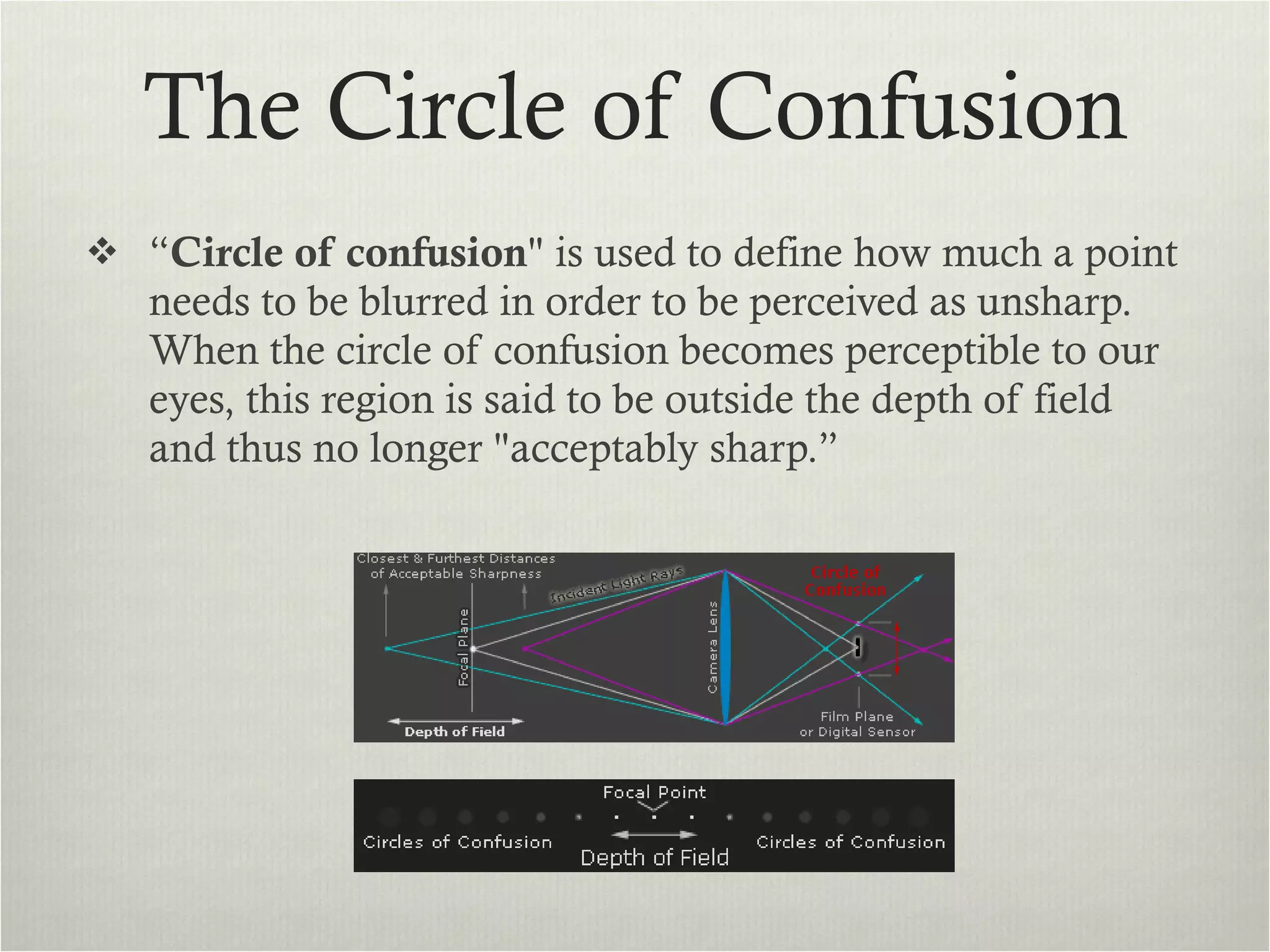 The Circle of Confusion “ Circle of confusion " is used to define how much a point needs to be blurred in order to be perceived as unsharp. When the circle of confusion becomes perceptible to our eyes, this region is said to be outside the depth of field and thus no longer "acceptably sharp.” 
