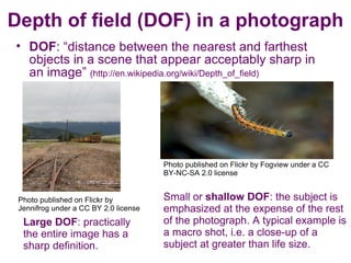 Depth of field (DOF) in a photograph
• DOF: “distance between the nearest and farthest
  objects in a scene that appear acceptably sharp in
  an image” (http://en.wikipedia.org/wiki/Depth_of_field)




                                       Photo published on Flickr by Fogview under a CC
                                       BY-NC-SA 2.0 license


 Photo published on Flickr by          Small or shallow DOF: the subject is
 Jennifrog under a CC BY 2.0 license   emphasized at the expense of the rest
  Large DOF: practically               of the photograph. A typical example is
  the entire image has a               a macro shot, i.e. a close-up of a
  sharp definition.                    subject at greater than life size.
 