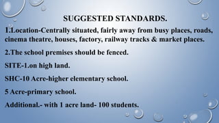 SUGGESTED STANDARDS.
1.Location-Centrally situated, fairly away from busy places, roads,
cinema theatre, houses, factory, railway tracks & market places.
2.The school premises should be fenced.
SITE-1.on high land.
SHC-10 Acre-higher elementary school.
5 Acre-primary school.
Additional.- with 1 acre land- 100 students.
 